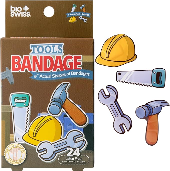 BioSwiss Bandages, Tools Shaped Self Adhesive Bandage, Latex Free Sterile Wound Care, Fun First Aid Kit Supplies for Kids and Adults, 24 Count