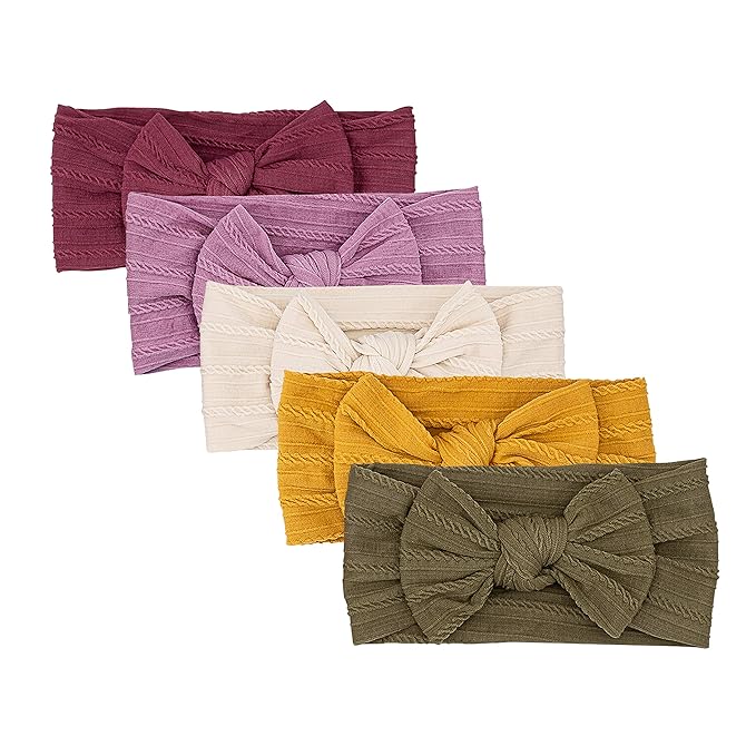 Parker Baby Cable Knit Nylon Headbands 5 Pack | Soft, Stretchy & Comfortable Bows for Girls | Adjustable, Soft to Touch & Knotted Headbands for Baby Girls | Baby Headwraps for Girls | Multiple Colors
