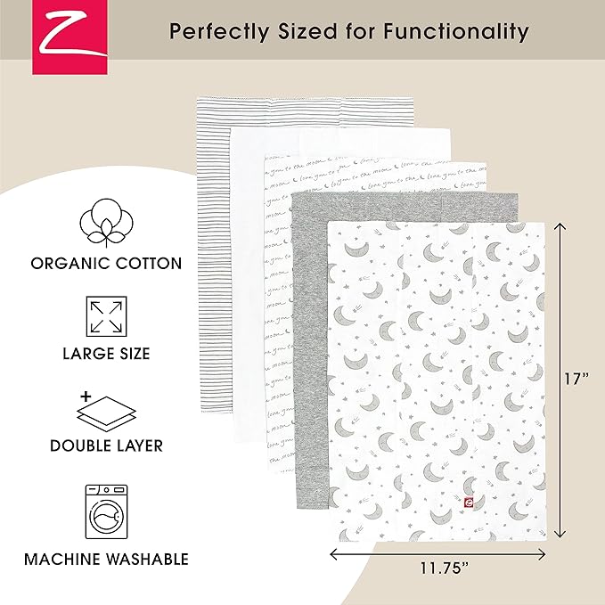 Zutano 5-Pack Organic Burp Cloths for Baby Girl & Boy, Large Cotton Burping Cloths for Babies | Absorbent Baby Spit-Up Rags | Gender Neutral Burp Clothes | Newborn Essentials, Love You to The Moon