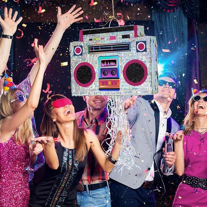 WERNNSAI Music Player Piñata - 80s and 90s Theme Party Decorations Piñata Bundle with Blindfold and Bat Music Piñata for Adults Kids Birthday Hip Hop Theme Party(12.5" x 16.5" x 3")
