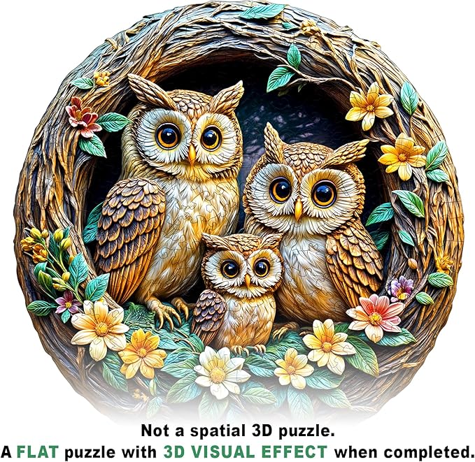 Wooden Puzzles for Adults - 3D Vision Effects Owl Family Wooden Jigsaw Puzzle - Unique Animal Shaped Wood Puzzles Adult - Creative Birthday Gift Family Game (300pcs)