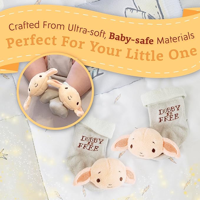 Kids Preferred Harry Potter Dobby Baby Infant Rattle Socks with Dobby Plush Rattle and Dobby is Free - Soft Baby Sock Feet Rattles Encourage Leaning Development Newborn to 9 Months