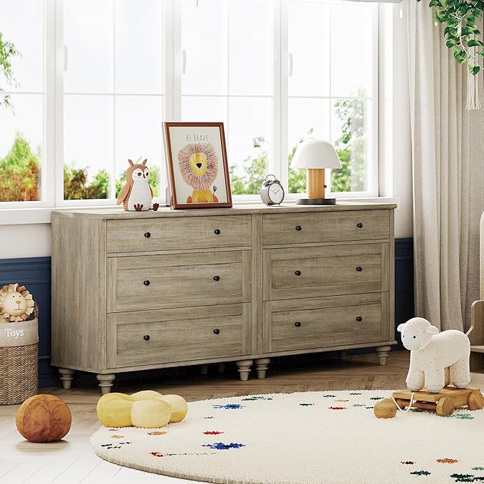 WAMPAT Kids Dresser for Bedroom with 6 Drawers, Rustic Oak Baby Dressers with Wide Chest of Drawers, Modern Wooden Closet Storage Organizer, Large Wood Dressers for Living Room, Nursery, Hallway