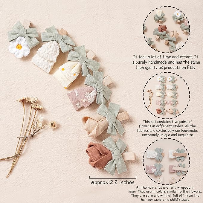 Hair Clips for Girls with Bows Flower,10 pc 2" Fully Lined Alligator Clips and Barrettes,Handmade Hair Accessories for Baby Toddler Young Kids School Age Girls Gifts