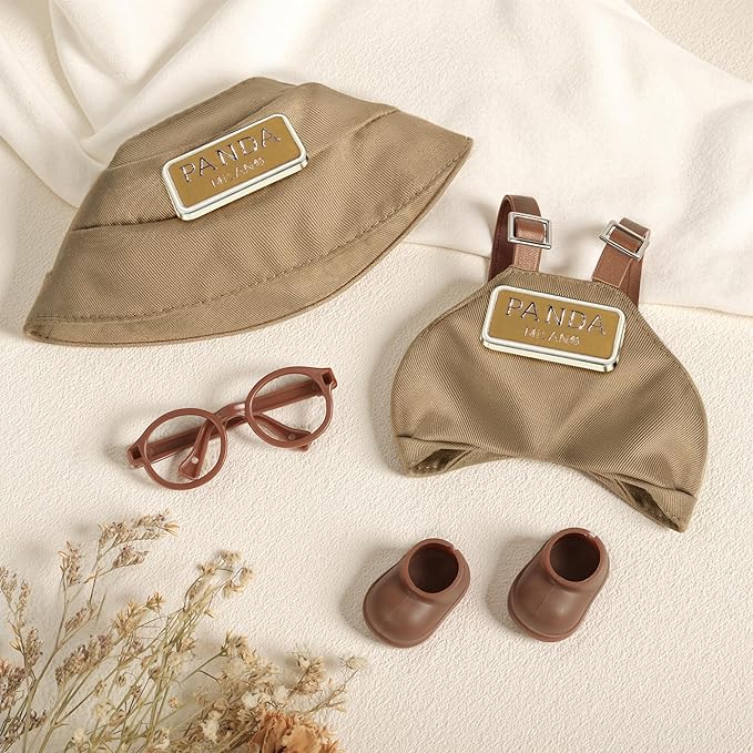 6.7in/17cm Doll Clothes Set, 4 PCS Fashion Outfit Includes Hat, Bib Pants, Glasses, Shoes, Cute Collectible Doll Accessories Unique Style (Khaki)