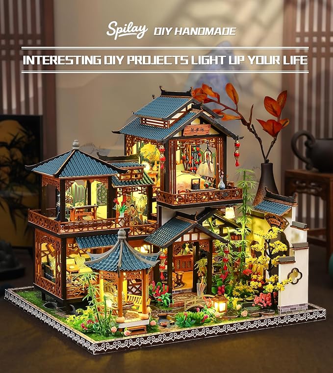 Spilay DIY Miniature Dollhouse Kit,DIY Dollhouse Kit with Wooden Furniture,Dust Proof Cover, Music Box and LED,Handmade Crafts Gifts for Birthday Christmas and Valentine's Day（P019）