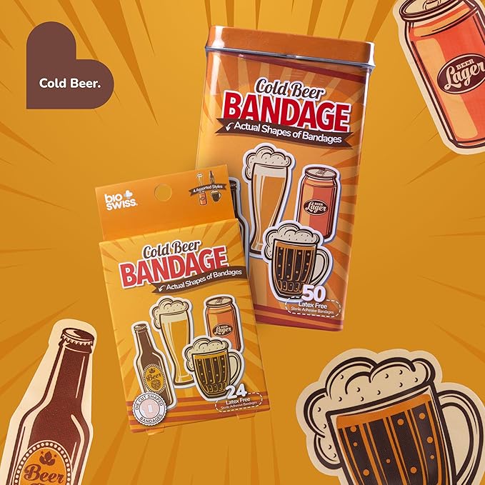 BioSwiss Bandages, Cold Beverage Shaped Self Adhesive Bandage, Latex Free Wound Care, Fun First Aid Kit Supplies for Adults, 50 Count
