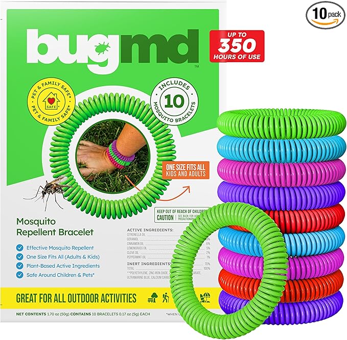 BugMD 10 Pack Mosquito Bracelets, DEET-Free Bands for Adults & Kids, Natural & Waterproof Citronella Wristbands for Camping, Hiking, Beach, Travel & Outdoor Essentials