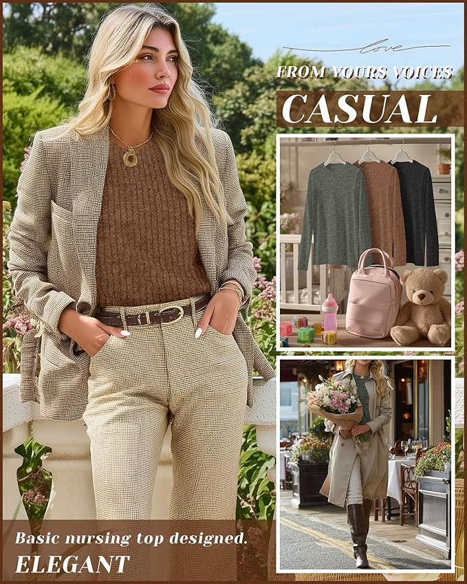 3 Pack Women's Nursing Long Sleeve Tops Breastfeeding Thermal Sweaters with Hidden Zipper Maternity Ribbed Shirts