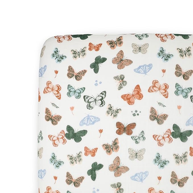 Little Unicorn Premium Crib Sheet | Breathable & Super-Soft Muslin Fabric (Butterflies)