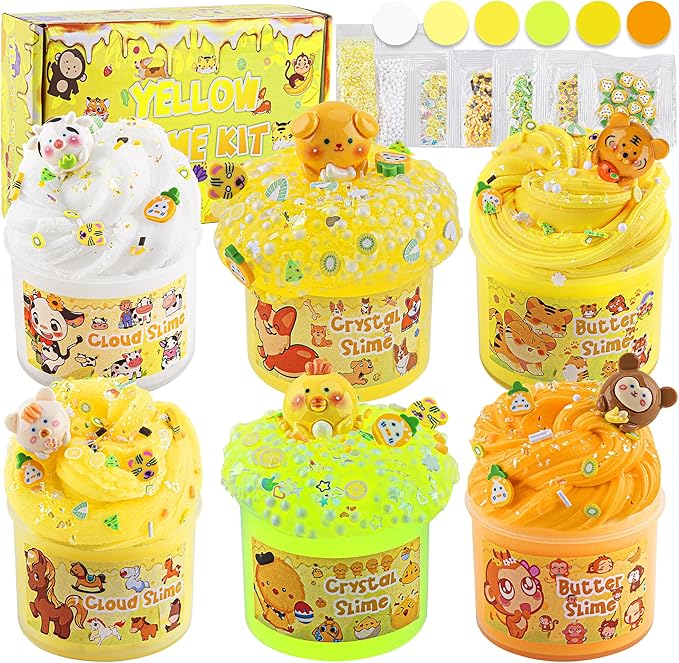 LAWOHO 6 Packs Gradient Yellow Slime Kit - Clear, Butter, Cloud Slimes, Fluffy Slimes for Kids with Charms & Animal Add-ins, Party Favors for Girls & Boys, 360ml Non Stick Slime Making Kit for Kids