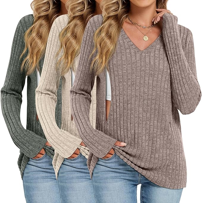 3 Pack Women's Maternity Nursing Tops, V Neck Breastfeeding Sweaters Long Sleeve Hidden Zipper Shirts