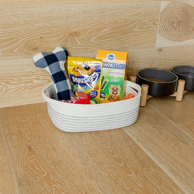 NaturalCozy 5-Piece Rectangle Storage Basket Set- Natural Cotton Rope Woven Baskets for Organizing! Small Basket for Montessori, Baby Nursery, Dog Toy Baskets, Cat Toy Box, Bathroom Organization Bin