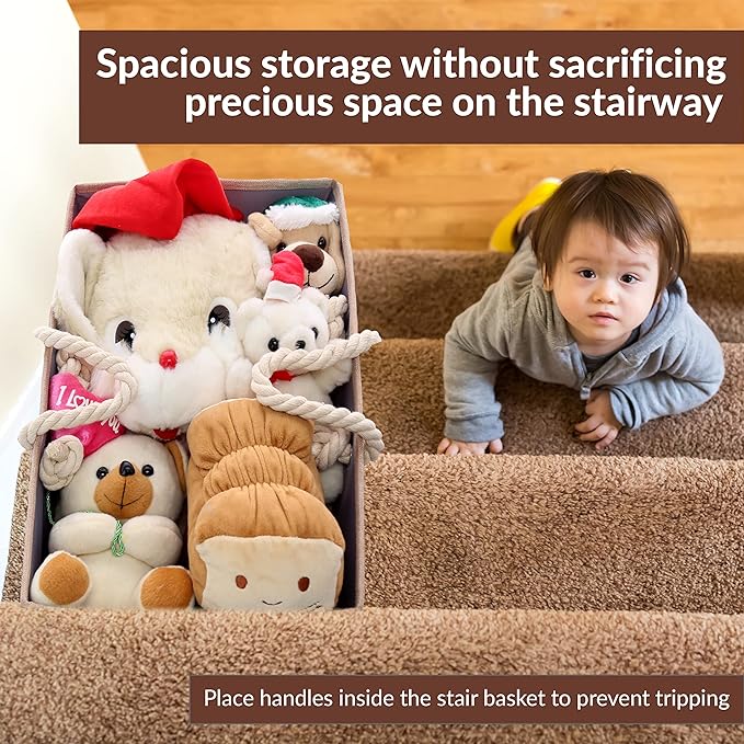 SAM AND MABEL Stair Basket for Carpeted and Wooden Stairs – Foldable Staircase Basket with Thick Cotton Rope Handles, Modern Stairway Storage Organizer (Lite Cream and Gray with Side Pocket)