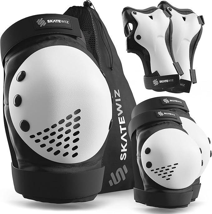 SKATEWIZ Skateboard Pads Protective Gear Set for Kids - Smash - Roller Skate Pads [6pc] - Elbow Pads Roller Derby and Knee Pads Kids Skating with Wrist Guards for Kids and Adults