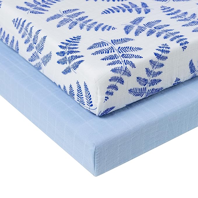 Margaux & May Organic Muslin Cotton Baby Crib Sheets, Blue Fern Print 2 Pack, Fitted, Breathable, Toddler Bedding, 52 x 28, Deep Pocket, Organic Crib Sheets for Cozy Sleep