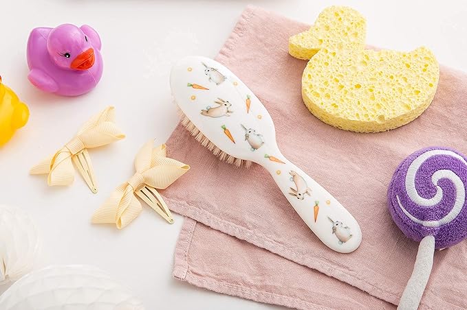 Rock & Ruddle Soft White Natural Boar Bristle Hairbrush for Babies and Young Children. Perfect for Fine Hair Detangling and Smoothing. Little Rabbits Design, Small