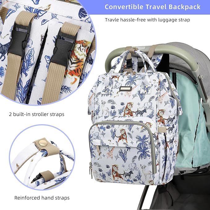 Diaper Bag Backpack, Diaper Bags for Baby Girls Boys, Baby Bags for Moms Dads, Nappy Changing Bag with Insulated Pockets,Multi-functional Waterproof Backpack with Stroller straps-Animal World White