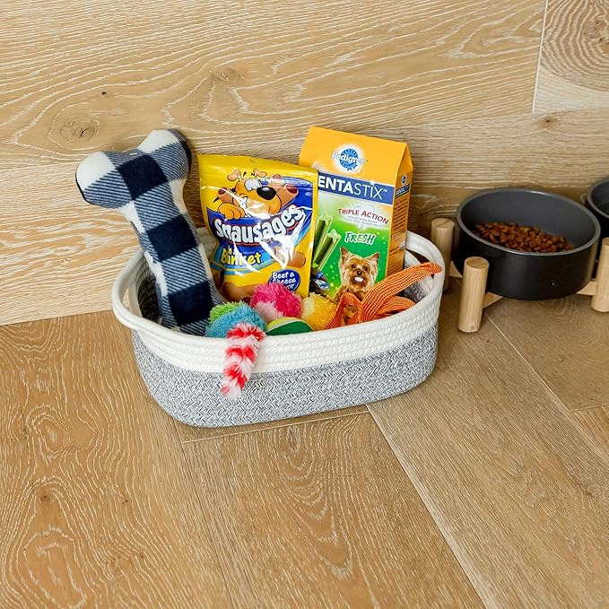 NaturalCozy 5-Piece Rectangle Storage Basket Set- Natural Cotton Rope Woven Baskets for Organizing! Small Basket for Montessori, Baby Nursery, Dog Toy Baskets, Cat Toy Box, Bathroom Organization Bin