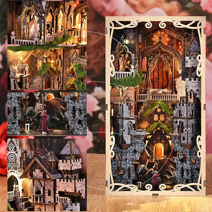 Book Nook Kit - DIY Miniature House 3D Wooden Puzzle for Adult and Teens, Booknook Bookshelf Decor Scale Model Build with LED Light, Gifts for Family and Friends (Sleeping Beauty)