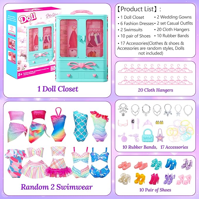70 Pcs Doll Closet with Clothes & Accessories Including 2 Wedding Gowns 6 Fashion Dresses 2 Casual Outfits 2 Swimsuit 10 Shoes 20 Hangers 27 Accessories,Dress up Toys for Girls Kids Gifts