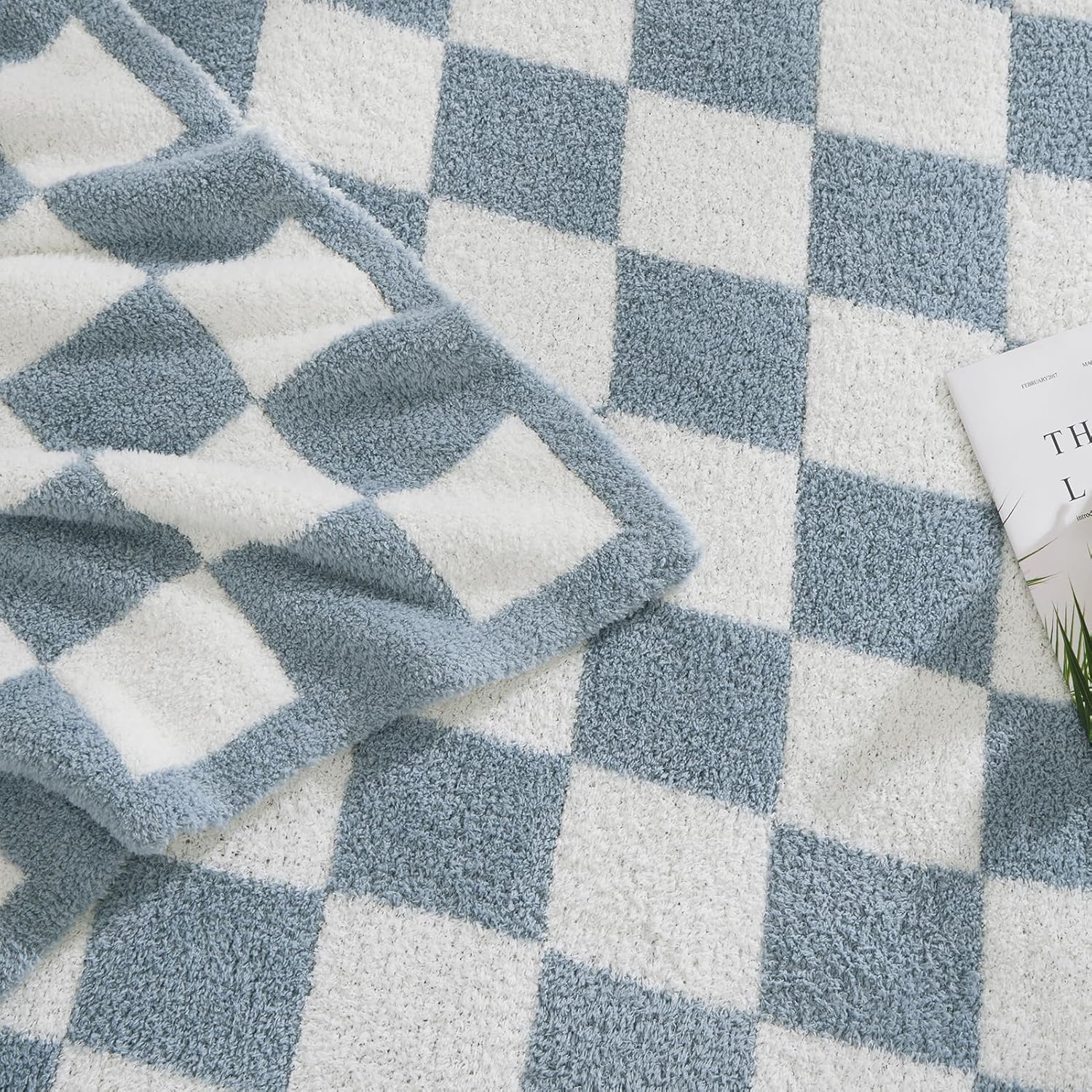 WRENSONGE Checkered Throw Blanket, Grey Blue Soft Cozy Fluffy Warm Hand Made Throw Blankets for Couch, Sofa, Chair, Bed, Camping, Picnic, Travel Lightweight Bed Blanket - 50"*70"