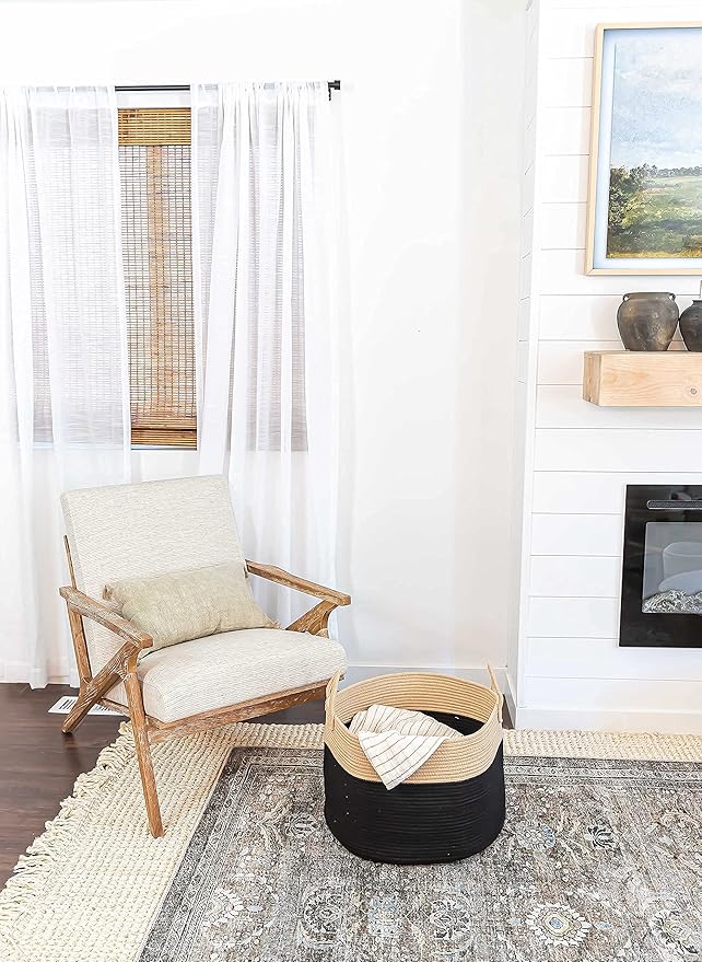 OrganiHaus Woven Laundry Basket, Large Cotton Rope Blanket Holder with Handles, Soft & Sturdy Nursery Hamper, Decorative Toy Bin for Living Room Organization 20x13 inches - Black/Honey