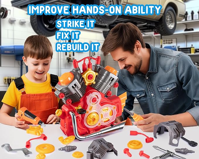 Engine Building Kit, Kids Mechanic Repair Set for Kids Motorcycle Engine，Take Apart Toys-42pc Playset，STEM Engine Model Kit Toy with Cool Lights&Sounds，Educational Toys for 3+ Year Old (red)