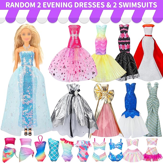 90 Pcs Doll Clothes and Accessories,2 Wedding Gowns 2 Evening Dresses 6 Fashion Dresses 4 Set Casual Outfit Top and Pant 2 Swimsuit,20 Hanger 10 Shoe 41 Accessories Toys for Girls Kid Gift