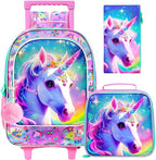 gxtvo Girls Rolling Backpack, Cute Unicorn Roller Wheels Kids Bookbag - Wheeled Elementary School Bag - 3PCS Unicorn