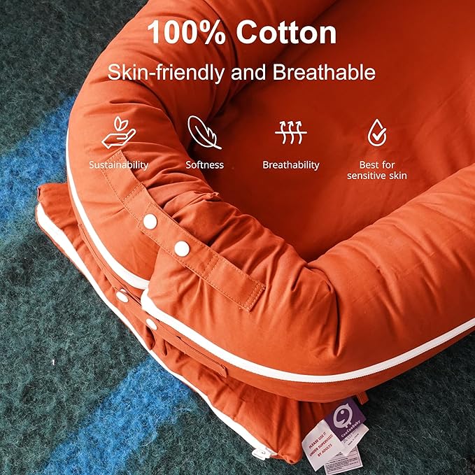 Deluxe Infant Lounger, Baby Nest Cover for Baby Girls & Boys, Newborn Essentials for Baby 0-12 Months, 100% Cotton (Gingerbread)
