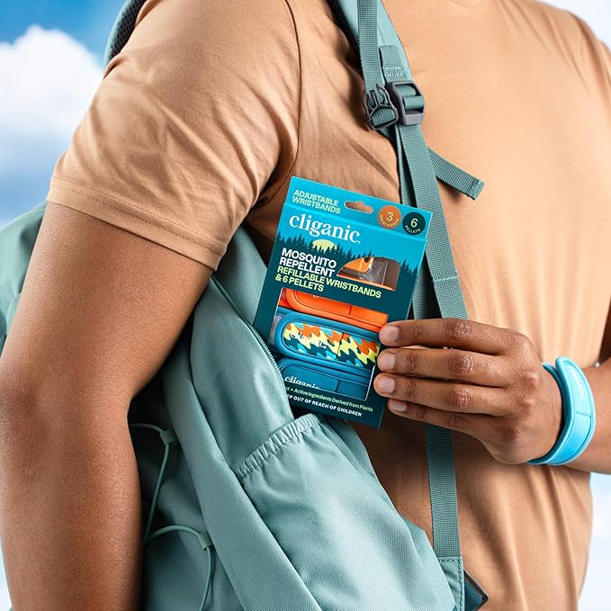 Cliganic Mosquito Repellent Pack (Wristband + 2 Refill Pellets) - Adjustable, Natural DEET-Free, Essential Oil Infused