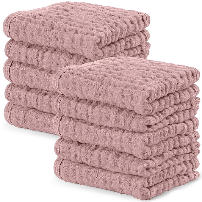 Comfy Cubs Muslin Baby Washcloths 10 Pack - Soft 6-Layer Cotton Wash Cloths for Sensitive Skin - 10"x10" Large, Gentle, Absorbent Infant Essentials for Newborn and Toddlers - Mauve