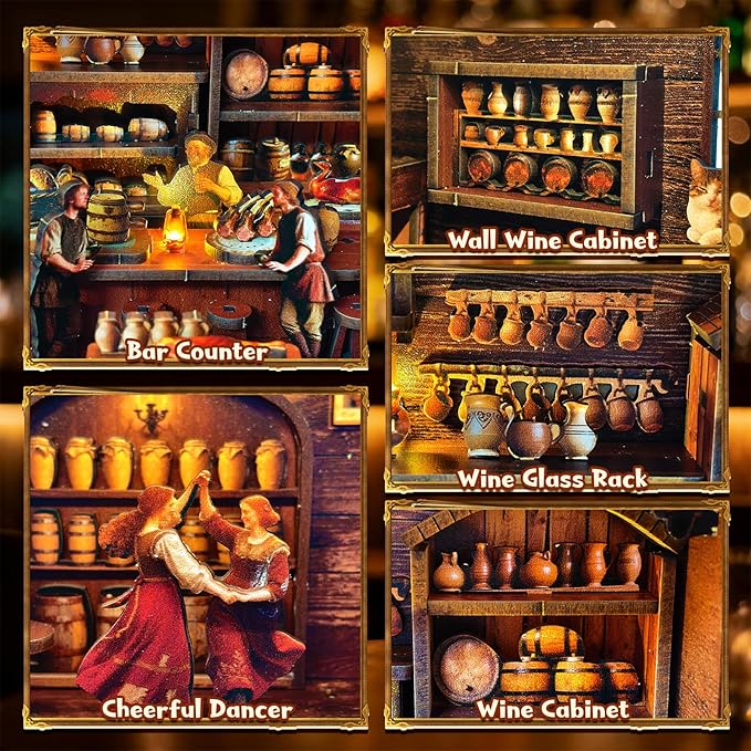 DIY Miniature House Kit, Book Nook Kit, 3D Wooden Puzzles Bookshelf Craft Kits, Dollhouse Kit with LED Light, Mini Building Kit for Adults Teen to Build (Old Time Tavern)