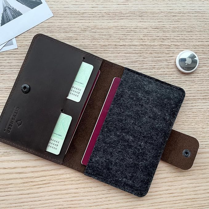 Passport Holder Compatible with AirTag Family Passport Holder Wallet for 2, 3, 4 Made from Premium Full Grain Leather and Wool Felt Brown Color. CITYSHEEP