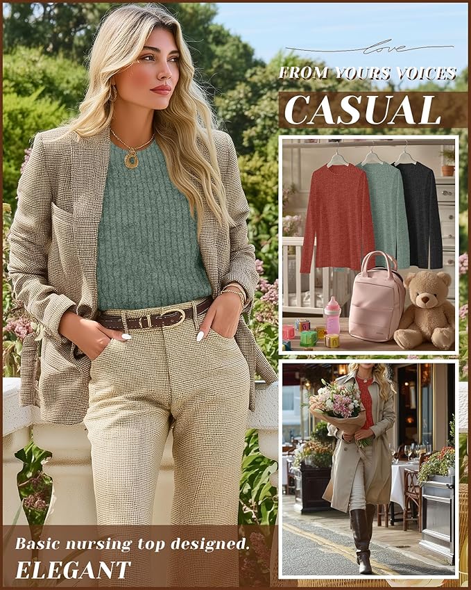 3 Pack Women's Nursing Long Sleeve Tops Breastfeeding Thermal Sweaters with Hidden Zipper Maternity Ribbed Shirts