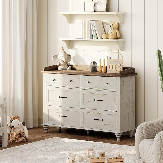 WAMPAT 2 Pack Kids Dresser with 12 Drawers, 2-in-1 Baby Dresser for Bedroom & Kids Room, Rustic Chests & Dressers Wooden Closet Organizer for Children’s Bedroom, Antique White