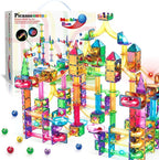 PicassoTiles 200pc Magnetic Marble Run Tiles Toy STEM Educational Race Track with Light Up Marbles Magnet Tile Building Blocks Maze Kit Sensory Pretend Play Toys for Toddlers Boys Girls Ages 3+ PTG200