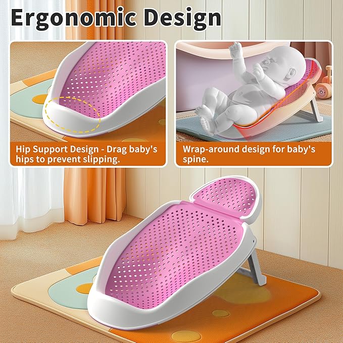 Baby Bathtub Support for Babies 0-6 Months, Foldable Portable Infant Bathtub, Ergonomic Mesh Baby Bath Tub, Pink