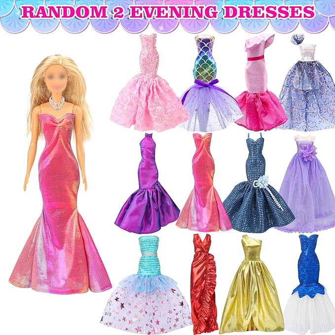 100 Pcs Doll Clothes & Accessories, 4 Wedding Gowns 2 Evening Dresses 6 Fashion Dresses 1 Jumpsuit 5 Tops 5 Pants 2 Swimsuit, 20 Hangers 10 Shoes 46 Accessories Toys for Girl Birthday Gift