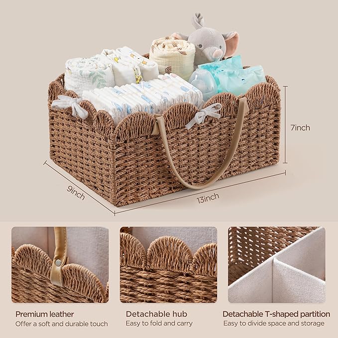 HBlife Baby Diaper Caddy, Paper Rope Storage Baskets Nursery Bin with Removable Divider, Portable Car Organizer for Diapers, Baby Shower Gifts, Newborn Essentials Must Haves