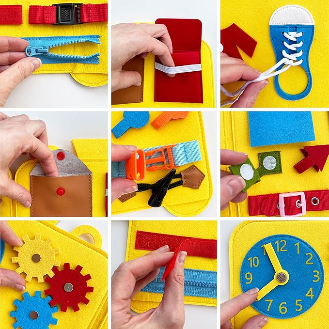 Felt Train Busy Board for Toddlers 2-4 Year Old - Montessori Busy Board with 22 Sensory Toys to Fine Motor Skills - Toddler Travel Toys