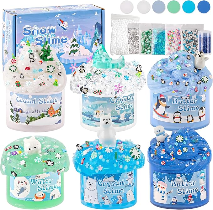 LAWOHO 6 Packs Snow Slime Kit - Butter, Clear, Water, Cloud Slimes, Fluffy Slime Making Kit for Kids with Cute Charms & Add-ins, Blue Kids Slimes Kits for Girls & Boys Birthday Christmas Easter Gifts