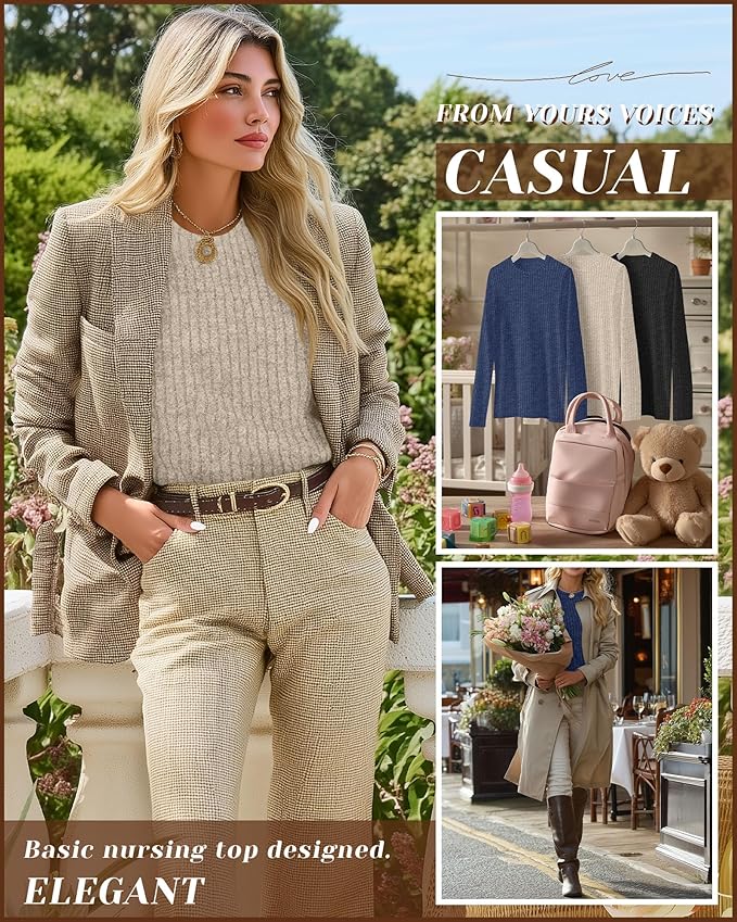 3 Pack Women's Nursing Long Sleeve Tops Breastfeeding Thermal Sweaters with Hidden Zipper Maternity Ribbed Shirts