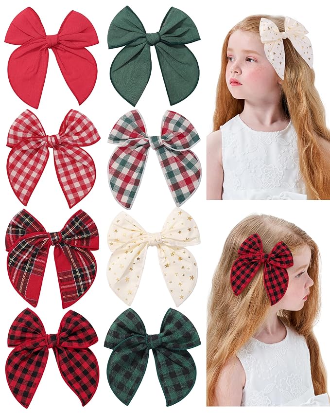 doboi 8PCS 5.5" Christmas Baby Girls Hair Clips Fable Hair Bows Cotton Linen Bows for Girls Gingham Hair Accessories for Baby Toddlers Kids