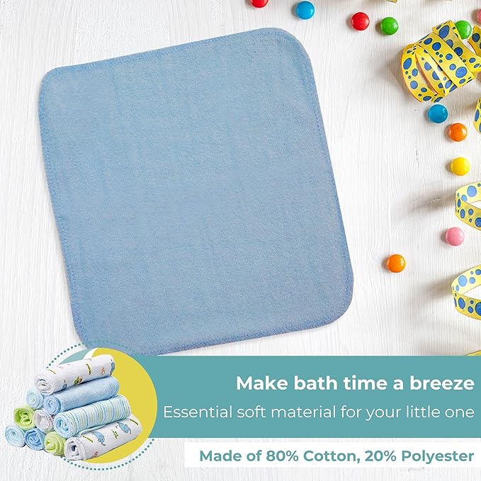 Spasilk Washcloth Wipes Set for Newborn Boys and Girls, Soft Terry Washcloth Set, Pack of 20, Blue Elephant