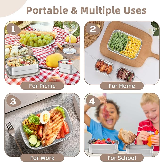HaWare Stainless Steel Lunch Box Containers for Kids, Leak Proof Food Storage Containers with Khaki Silicone Lids, Easy Open Bento Box for School and Daycare, Portable Metal Snack Box (8oz*2+25oz)