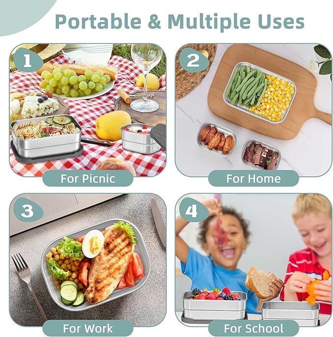 HaWare Stainless Steel Lunch Box for Kids, Leak Proof Food Storage Containers with Silicone Lids, Easy Open Bento Box for School and Daycare, Portable Metal Snack Box, Dishwasher Safe (8oz*2+25oz)