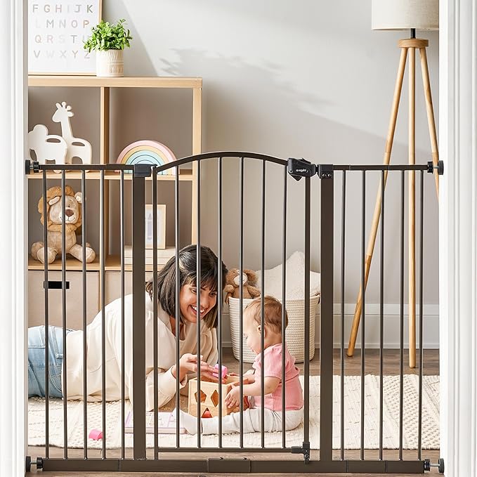 Regalo Home Accents Extra Wide Walk Thru Baby Gate, Includes Décor Hardwood, 4-Inch Extension Kit, 4-Inch Extension Kit, 4 Pack of Pressure Mount Kit and 4 Pack of Wall Cups and Mounting Kit