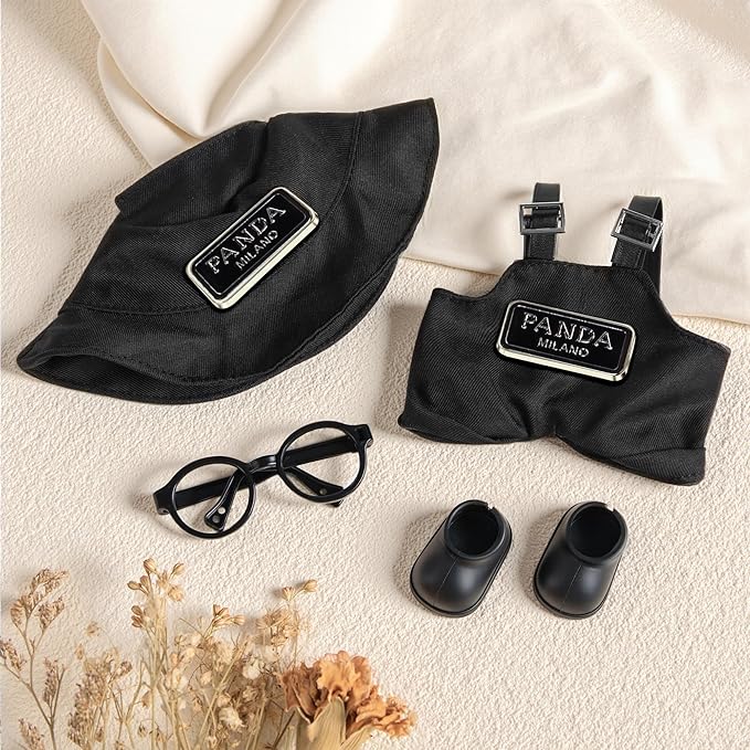 6.7in/17cm Doll Clothes Set, 4 PCS Fashion Outfit Includes Hat, Bib Pants, Glasses, Shoes, Cute Collectible Doll Accessories Unique Style (Black)
